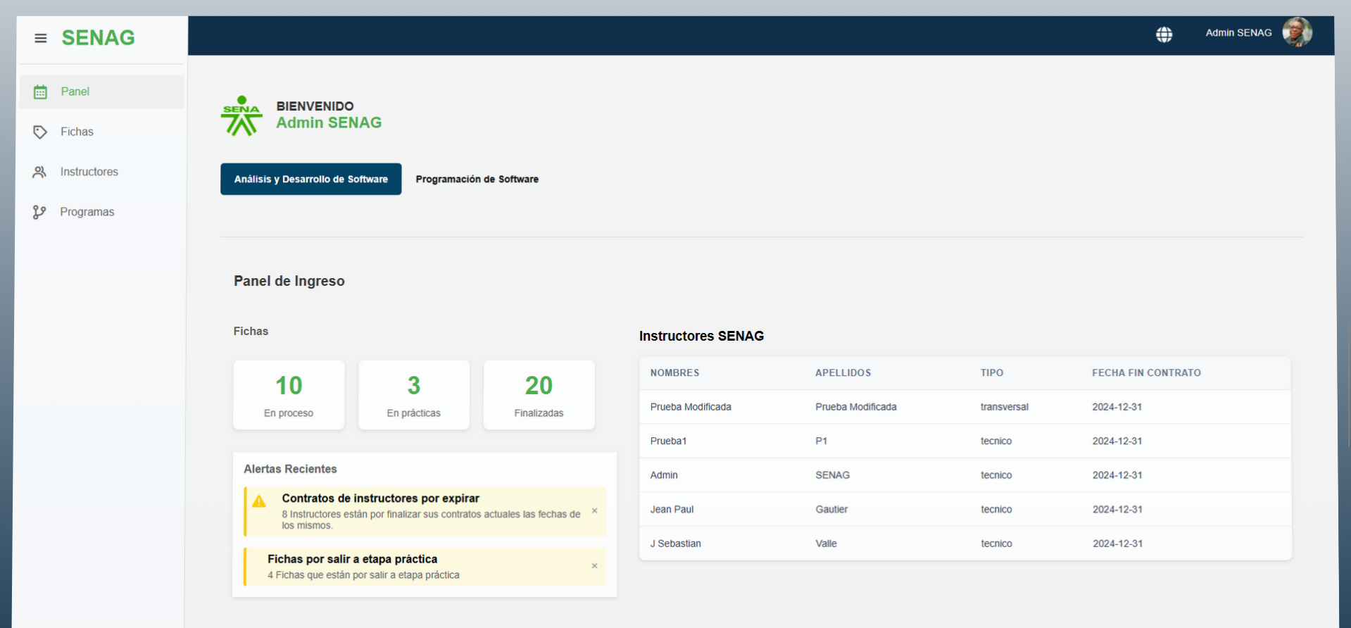 Captura del proyecto SENAG — Sistema de Seguimiento Académico