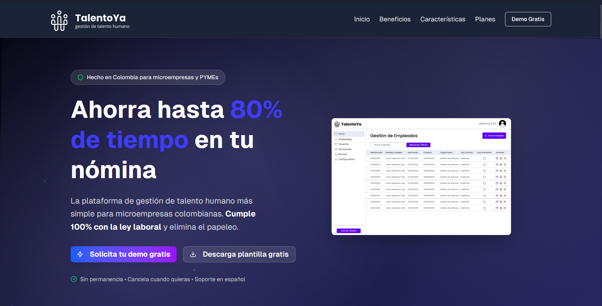Captura del proyecto TalentoYa — Landing Page para Gestión de Talento